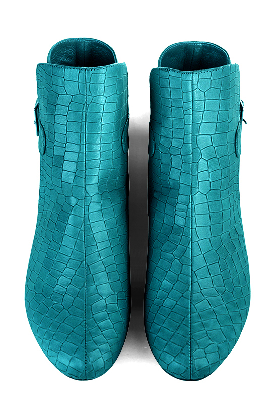 Turquoise blue women's ankle boots with buckles at the back. Round toe. Flat block heels. Top view - Florence KOOIJMAN